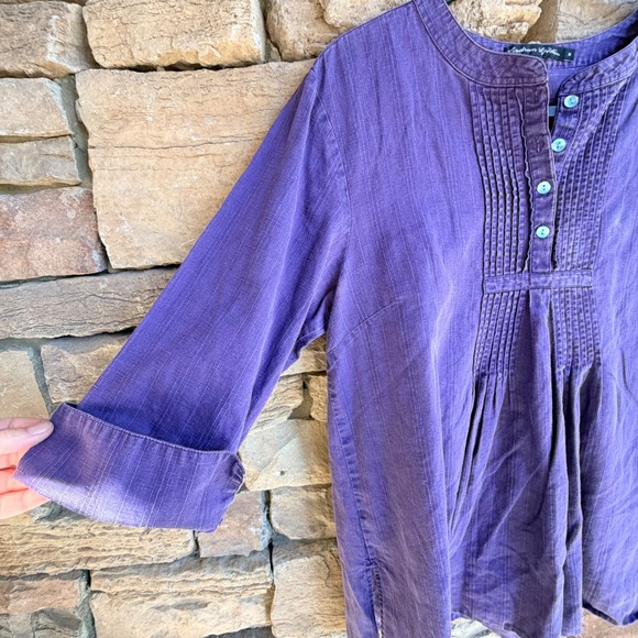Gudrun Sjogden M Purple Linen Blend Pleated Henley Popover Women's Tunic Top - Picture 5 of 12